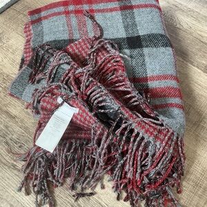 Pottery Barn WHITAKER REVERSIBLE THROW Blanket GRAY RED Plaid Houndstooth 50x60